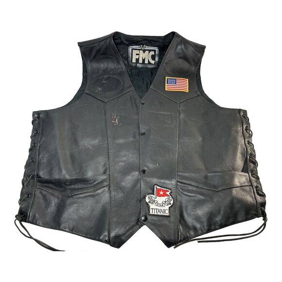 Vintage FMC Black Snap-Up Leather Biker Vest Adult Size 52 Lace Up Sides - Picture 1 of 16
